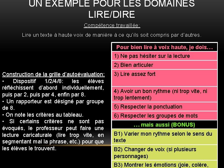 UN EXEMPLE POUR LES DOMAINES LIRE/DIRE Compétence travaillée: Lire un texte à haute voix