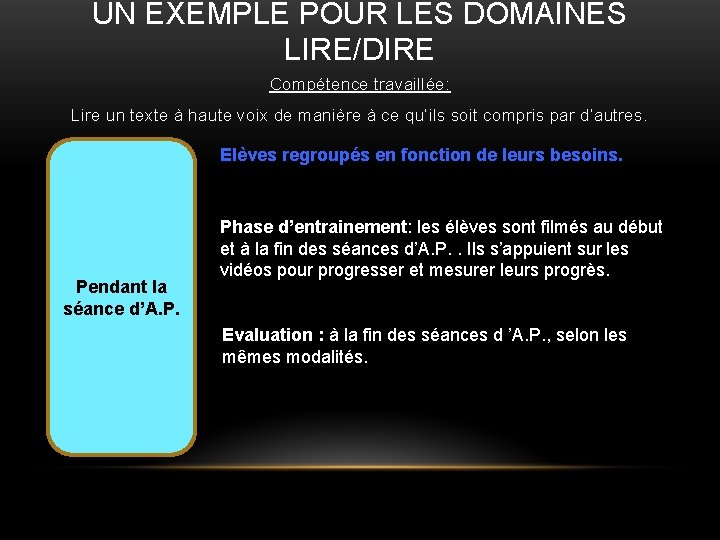 UN EXEMPLE POUR LES DOMAINES LIRE/DIRE Compétence travaillée: Lire un texte à haute voix