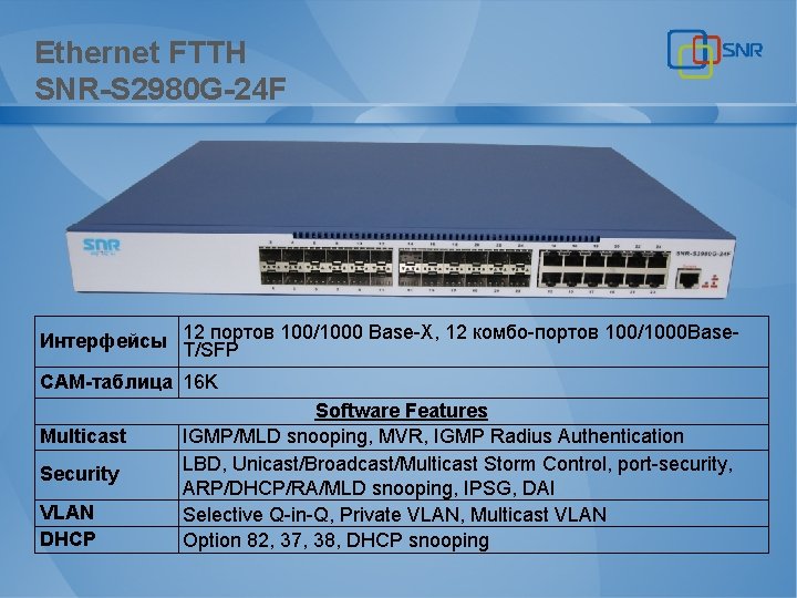 Ethernet FTTH SNR-S 2980 G-24 F портов 100/1000 Base-X, 12 комбо-портов 100/1000 Base. Интерфейсы