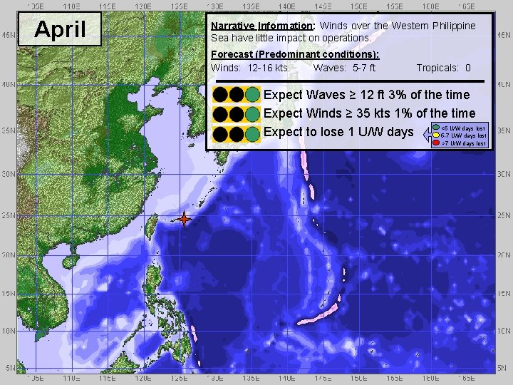 April Narrative Information: Winds over the Western Philippine Sea have little impact on operations.