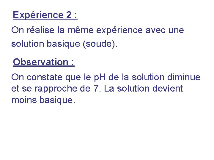 Expérience 2 : On réalise la même expérience avec une solution basique (soude). Observation Expérience 2 : On réalise la même expérience avec une solution basique (soude). Observation