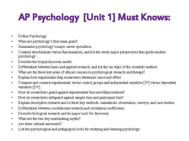 AP Psychology [Unit 1] Must Knows: • • • • • Define Psychology What