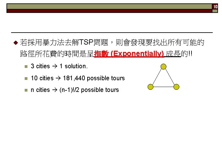 10 u 若採用暴力法去解TSP問題，則會發現要找出所有可能的 路徑所花費的時間是呈指數 (Exponentially) 成長的!! n 3 cities 1 solution. n 10 cities