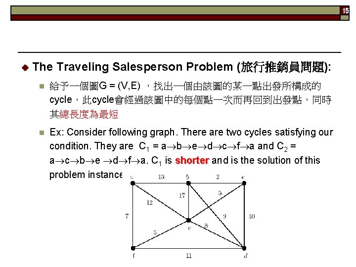 15 u The Traveling Salesperson Problem (旅行推銷員問題): n 給予一個圖G = (V, E) ，找出一個由該圖的某一點出發所構成的 cycle，此cycle會經過該圖中的每個點一次而再回到出發點，同時