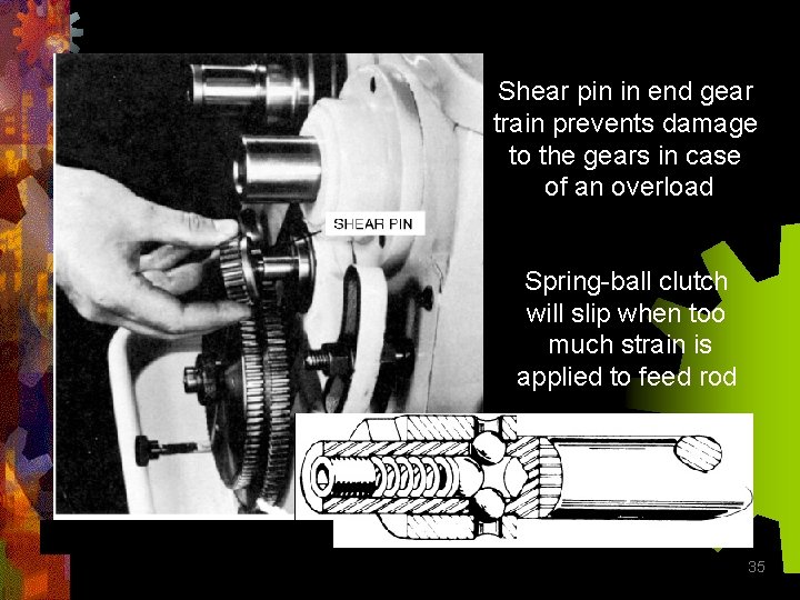 Shear pin in end gear train prevents damage to the gears in case of