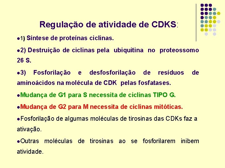 Regulação de atividade de CDKS: l 1) l 2) Síntese de proteínas ciclinas. Destruição