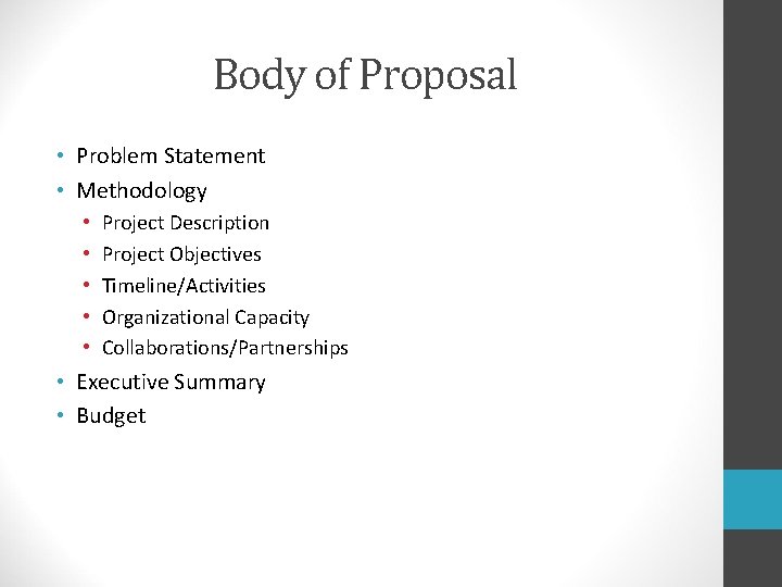 Body of Proposal • Problem Statement • Methodology • • • Project Description Project