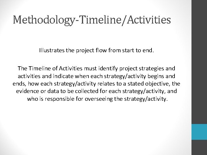 Methodology-Timeline/Activities Illustrates the project flow from start to end. The Timeline of Activities must
