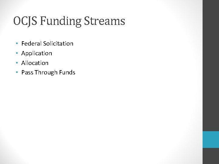 OCJS Funding Streams • • Federal Solicitation Application Allocation Pass Through Funds 