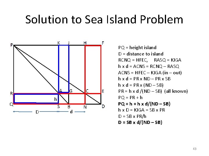 Solution to Sea Island Problem h D d PQ = height island D =