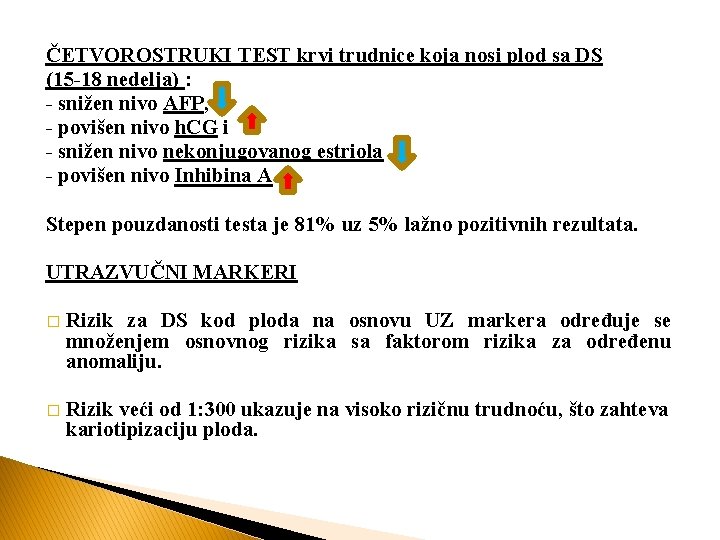 ČETVOROSTRUKI TEST krvi trudnice koja nosi plod sa DS (15 -18 nedelja) : -