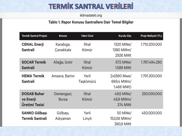 TERMİK SANTRAL VERİLERİ 