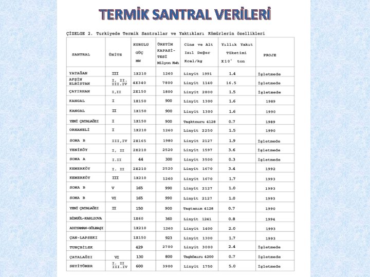 TERMİK SANTRAL VERİLERİ 