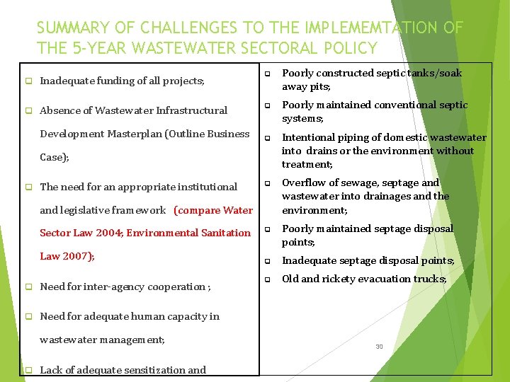 SUMMARY OF CHALLENGES TO THE IMPLEMEMTATION OF THE 5 -YEAR WASTEWATER SECTORAL POLICY q
