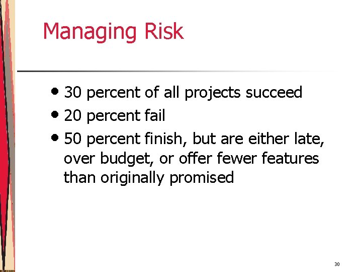 Managing Risk • 30 percent of all projects succeed • 20 percent fail •