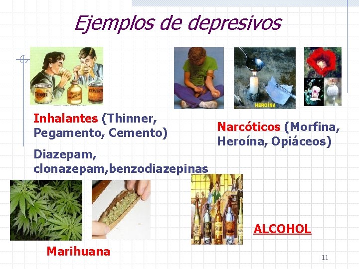 Ejemplos de depresivos Inhalantes (Thinner, Pegamento, Cemento) Diazepam, clonazepam, benzodiazepinas Narcóticos (Morfina, Heroína, Opiáceos)