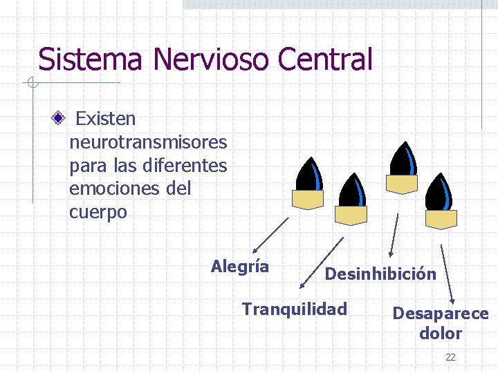 Sistema Nervioso Central Existen neurotransmisores para las diferentes emociones del cuerpo Alegría Desinhibición Tranquilidad