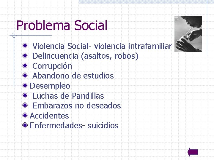 Problema Social Violencia Social- violencia intrafamiliar Delincuencia (asaltos, robos) Corrupción Abandono de estudios Desempleo