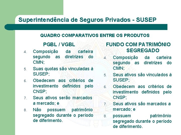 Superintendência de Seguros Privados - SUSEP QUADRO COMPARATIVOS ENTRE OS PRODUTOS PGBL / VGBL