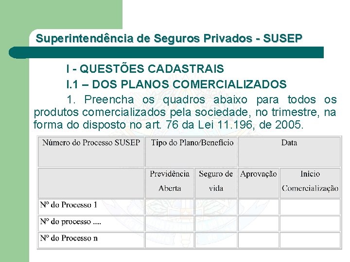 Superintendência de Seguros Privados - SUSEP I - QUESTÕES CADASTRAIS I. 1 – DOS