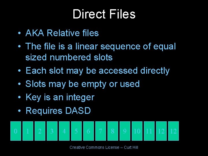 Direct Files • AKA Relative files • The file is a linear sequence of Direct Files • AKA Relative files • The file is a linear sequence of
