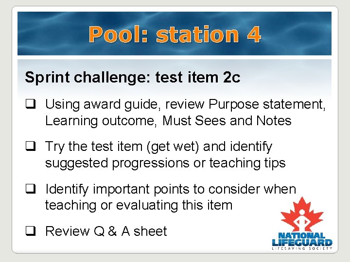 Pool: station 4 Sprint challenge: test item 2 c q Using award guide, review Pool: station 4 Sprint challenge: test item 2 c q Using award guide, review