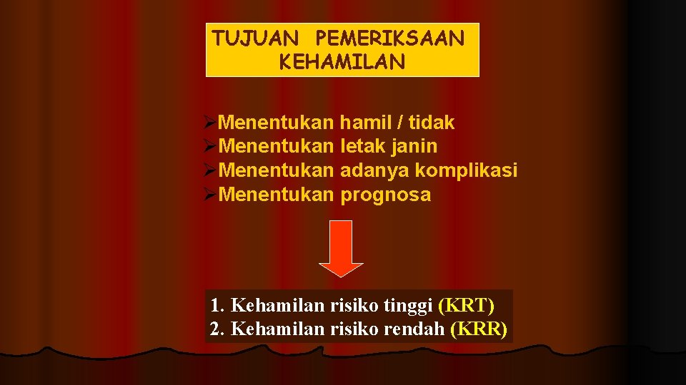 TUJUAN PEMERIKSAAN KEHAMILAN ØMenentukan hamil / tidak ØMenentukan letak janin ØMenentukan adanya komplikasi ØMenentukan