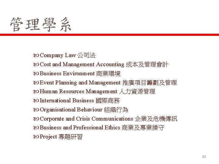 管理學系 Company Law 公司法 Cost and Management Accounting 成本及管理會計 Business Environment 商業環境 Event Planning