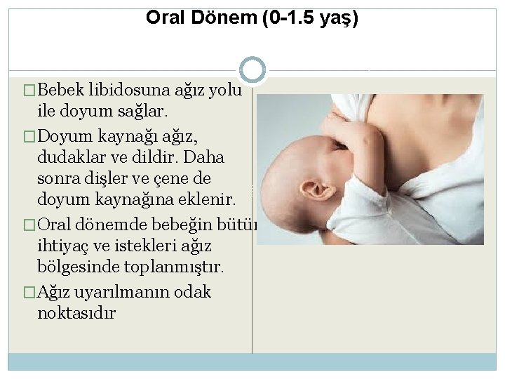 Oral Dönem (0 -1. 5 yaş) �Bebek libidosuna ağız yolu ile doyum sağlar. �Doyum