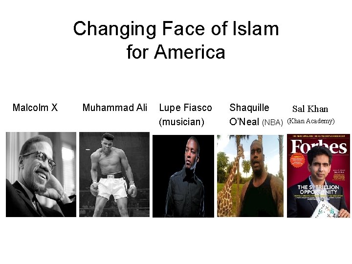 Changing Face of Islam for America Malcolm X Muhammad Ali Lupe Fiasco (musician) Shaquille