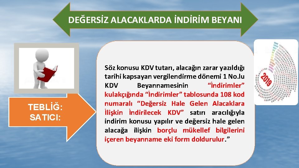 DEĞERSİZ ALACAKLARDA İNDİRİM BEYANI TEBLİĞ: SATICI: Söz konusu KDV tutarı, alacağın zarar yazıldığı tarihi