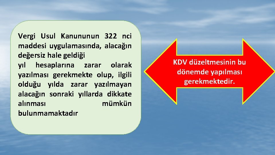 Vergi Usul Kanununun 322 nci maddesi uygulamasında, alacağın değersiz hale geldiği yıl hesaplarına zarar