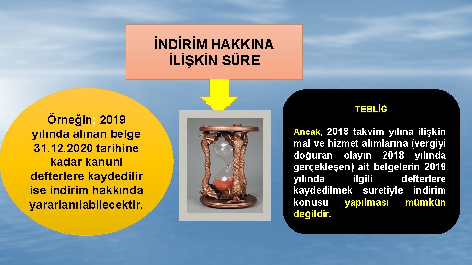 İNDİRİM HAKKINA İLİŞKİN SÜRE Örneğin; 2019 yılında alınan belge 31. 12. 2020 tarihine kadar