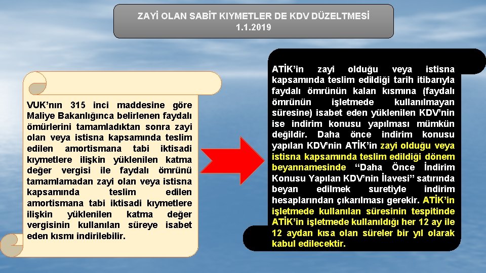 ZAYİ OLAN SABİT KIYMETLER DE KDV DÜZELTMESİ 1. 1. 2019 VUK’nın 315 inci maddesine