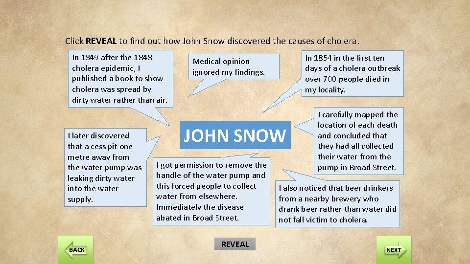 Click REVEAL to find out how John Snow discovered the causes of cholera. In