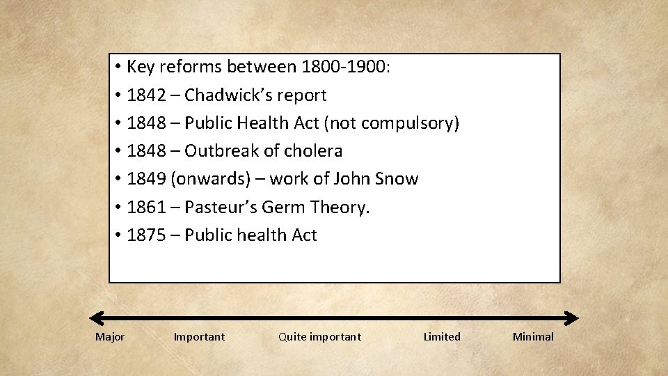  • Key reforms between 1800 -1900: • 1842 – Chadwick’s report • 1848