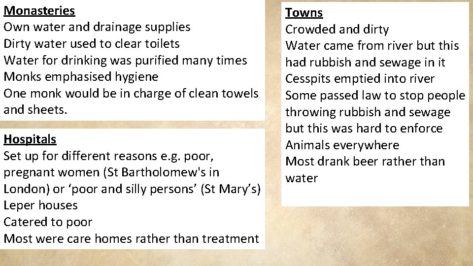 Monasteries Own water and drainage supplies Dirty water used to clear toilets Water for