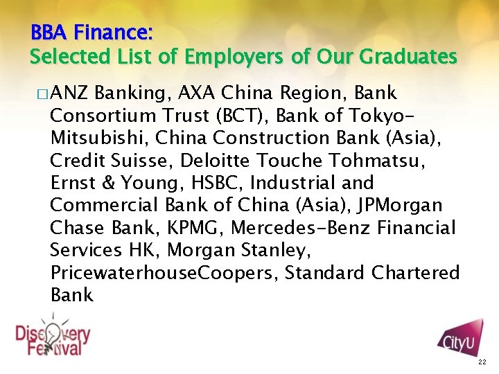 BBA Finance: Selected List of Employers of Our Graduates � ANZ Banking, AXA China