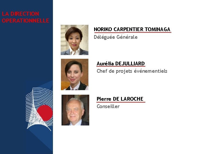 LA DIRECTION OPERATIONNELLE NORIKO CARPENTIER TOMINAGA Déléguée Générale Aurélia DEJULLIARD Chef de projets événementiels