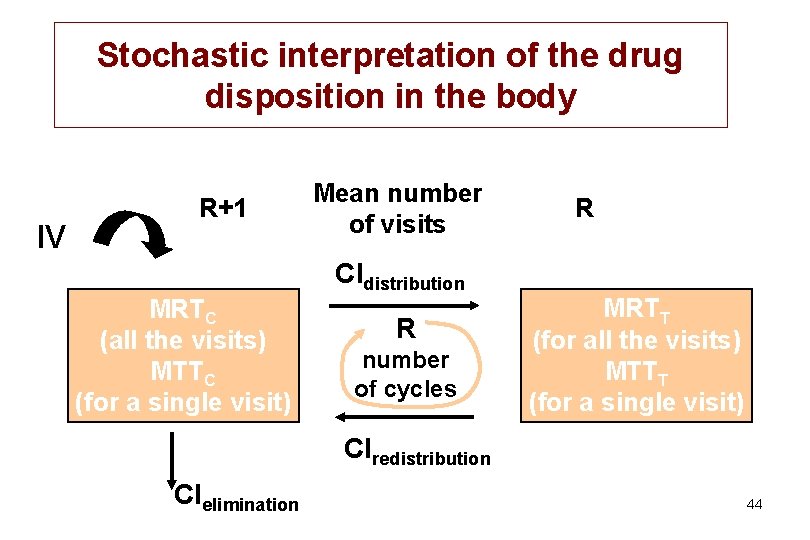 Stochastic interpretation of the drug disposition in the body IV R+1 MRTC (all the