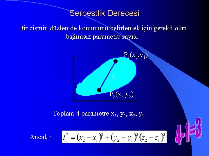 Serbestlik Derecesi Bir cismin düzlemde konumunu belirlemek için gerekli olan bağımsız parametre sayısı. P