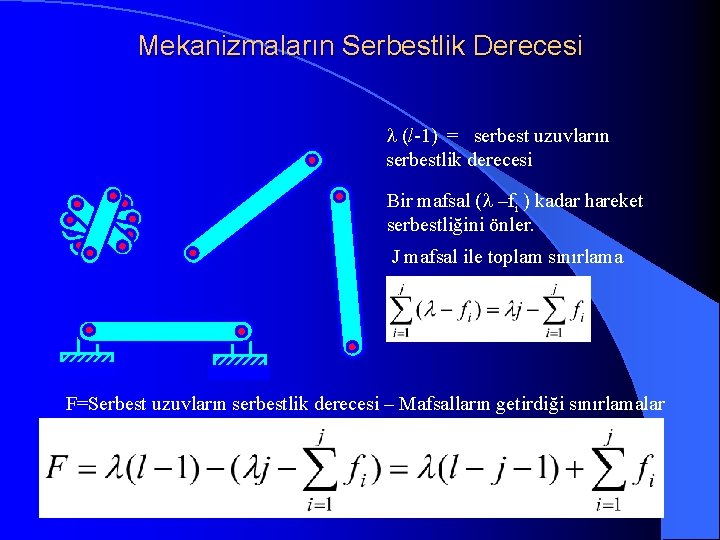 Mekanizmaların Serbestlik Derecesi l (l-1) = serbest uzuvların serbestlik derecesi Bir mafsal (l –fi