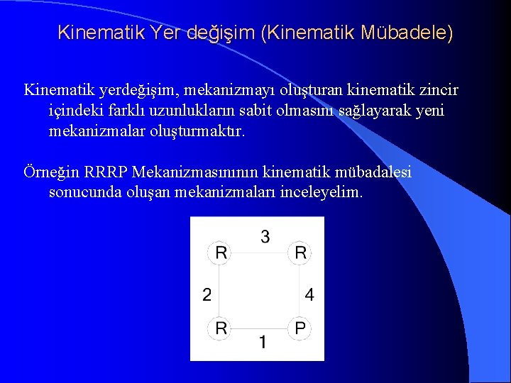 Kinematik Yer değişim (Kinematik Mübadele) Kinematik yerdeğişim, mekanizmayı oluşturan kinematik zincir içindeki farklı uzunlukların