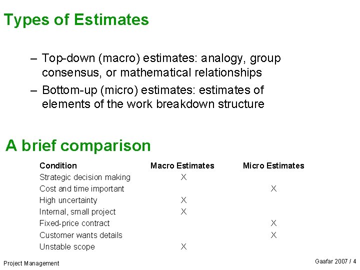 Types of Estimates – Top-down (macro) estimates: analogy, group consensus, or mathematical relationships –