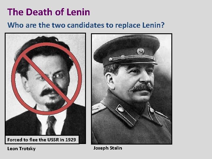 The Death of Lenin Who are the two candidates to replace Lenin? Forced to