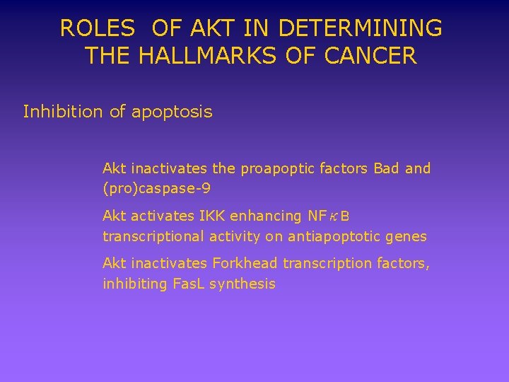 ROLES OF AKT IN DETERMINING THE HALLMARKS OF CANCER Inhibition of apoptosis Akt inactivates