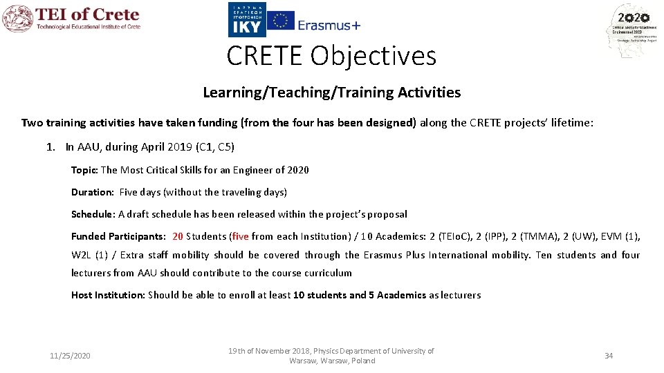 CRETE Objectives Learning/Teaching/Training Activities Two training activities have taken funding (from the four has
