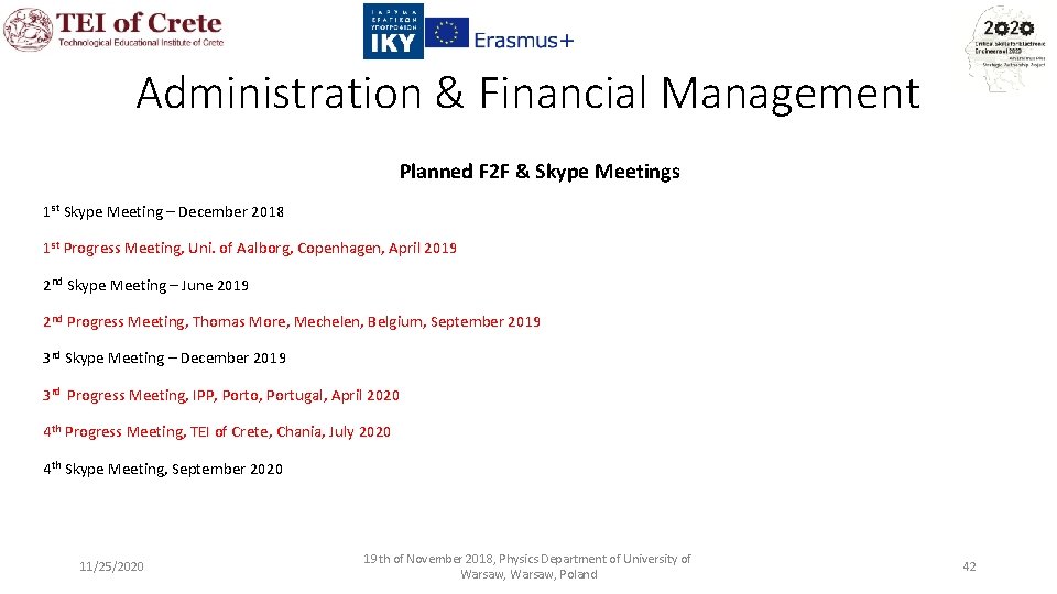 Administration & Financial Management Planned F 2 F & Skype Meetings 1 st Skype