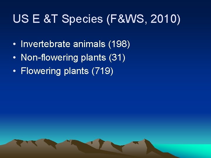 US E &T Species (F&WS, 2010) • Invertebrate animals (198) • Non-flowering plants (31)