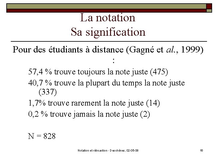 La notation Sa signification Pour des étudiants à distance (Gagné et al. , 1999)